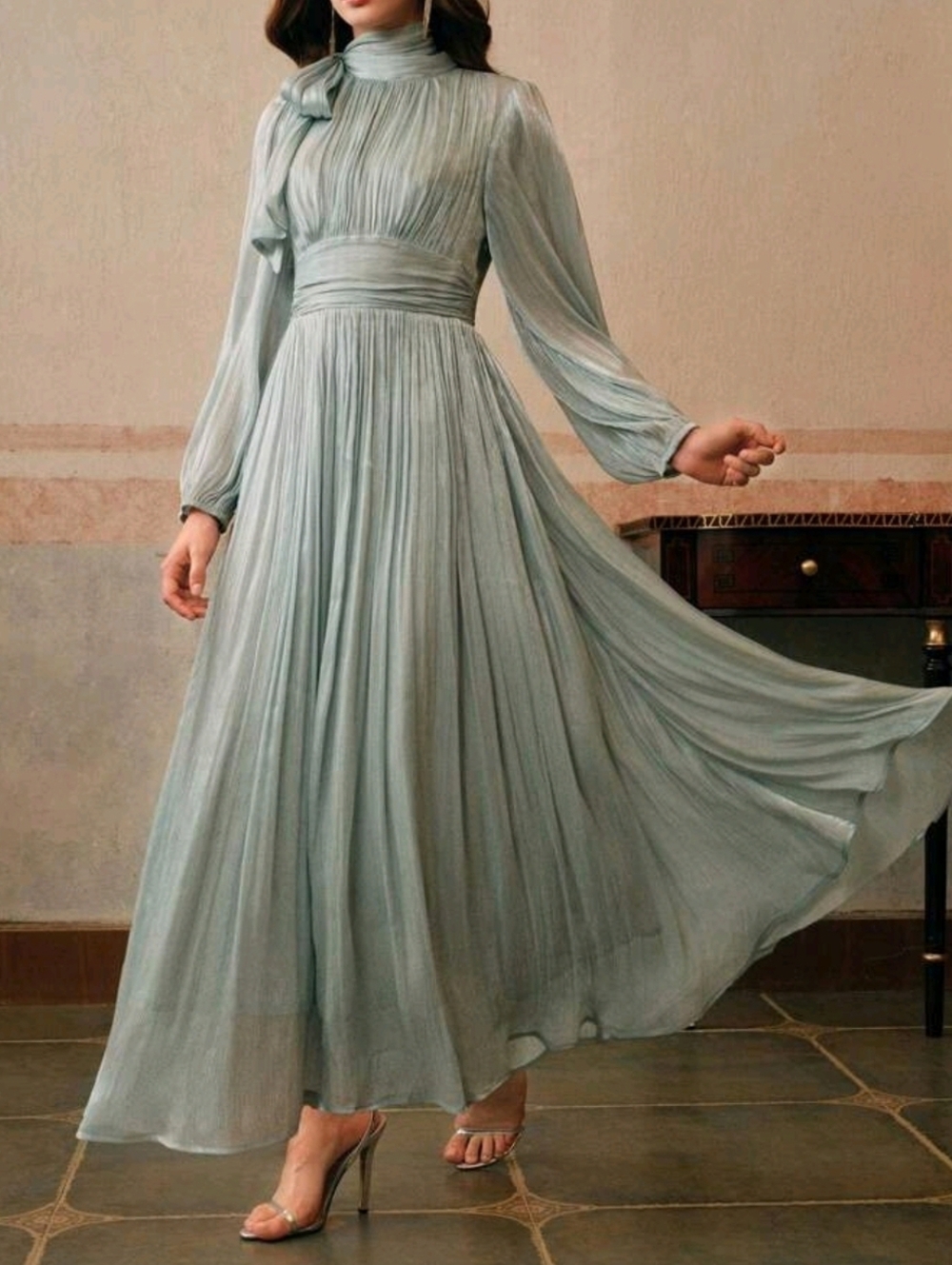 New Luxe Metallic Crinkle Bow Tie Neck Ruched Flare Long Dress Light Blue